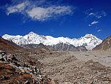 Gokyo 3 4 Cho Oyu To Gyachung Kang And Nguzumpa Glacier Early Afternoon From Near Gokyo The long ridge from Cho Oyu (8201m) to Gyachung Kang (7952m) shines bright white in the late morning sun from the terminal moraine of the Nguzumpa Glacier from beyond Gokyo.